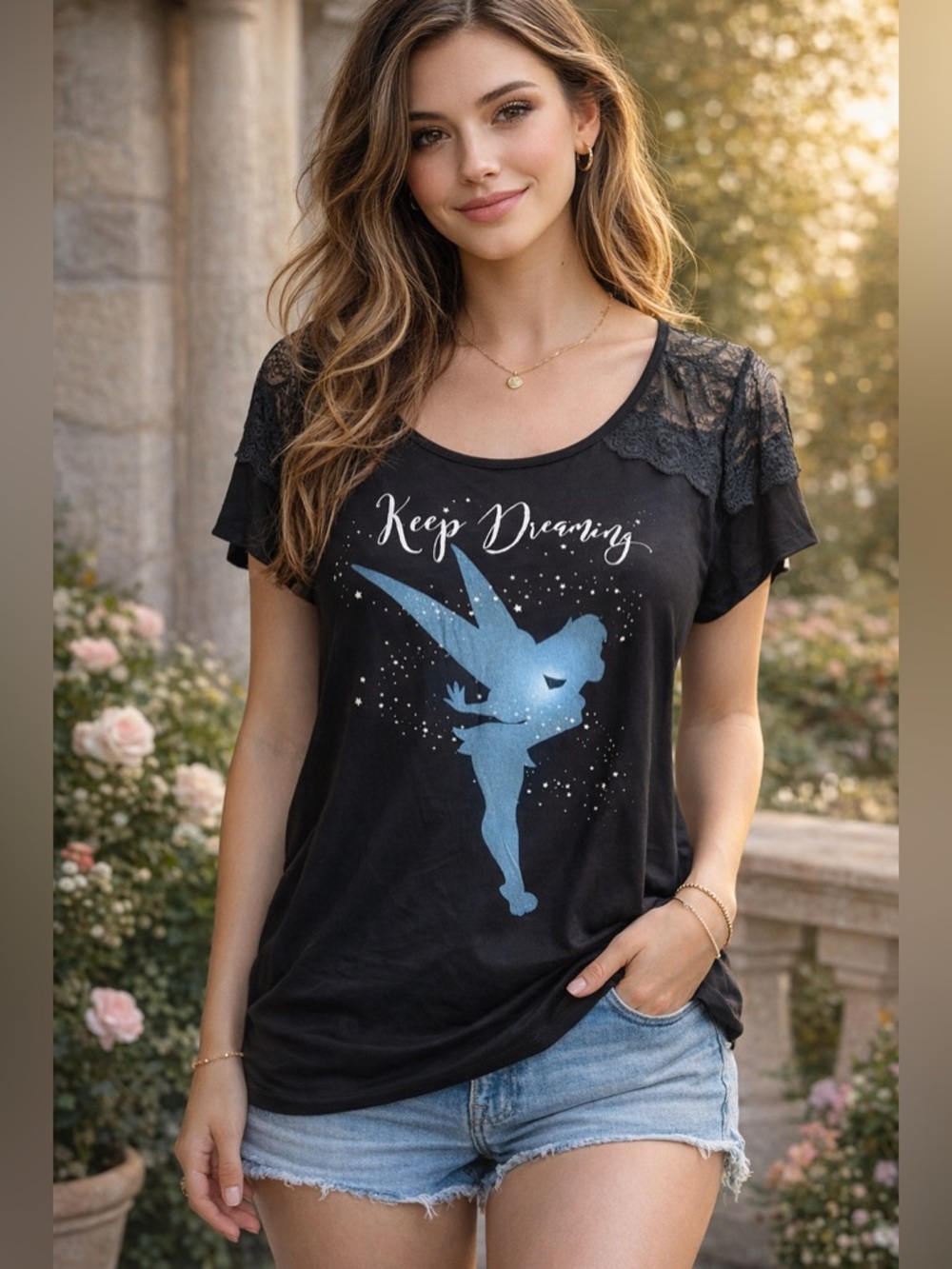 Torrid Disney Tinker Bell Graphic Tee with Lace Shoulders - Black & Blue 1x